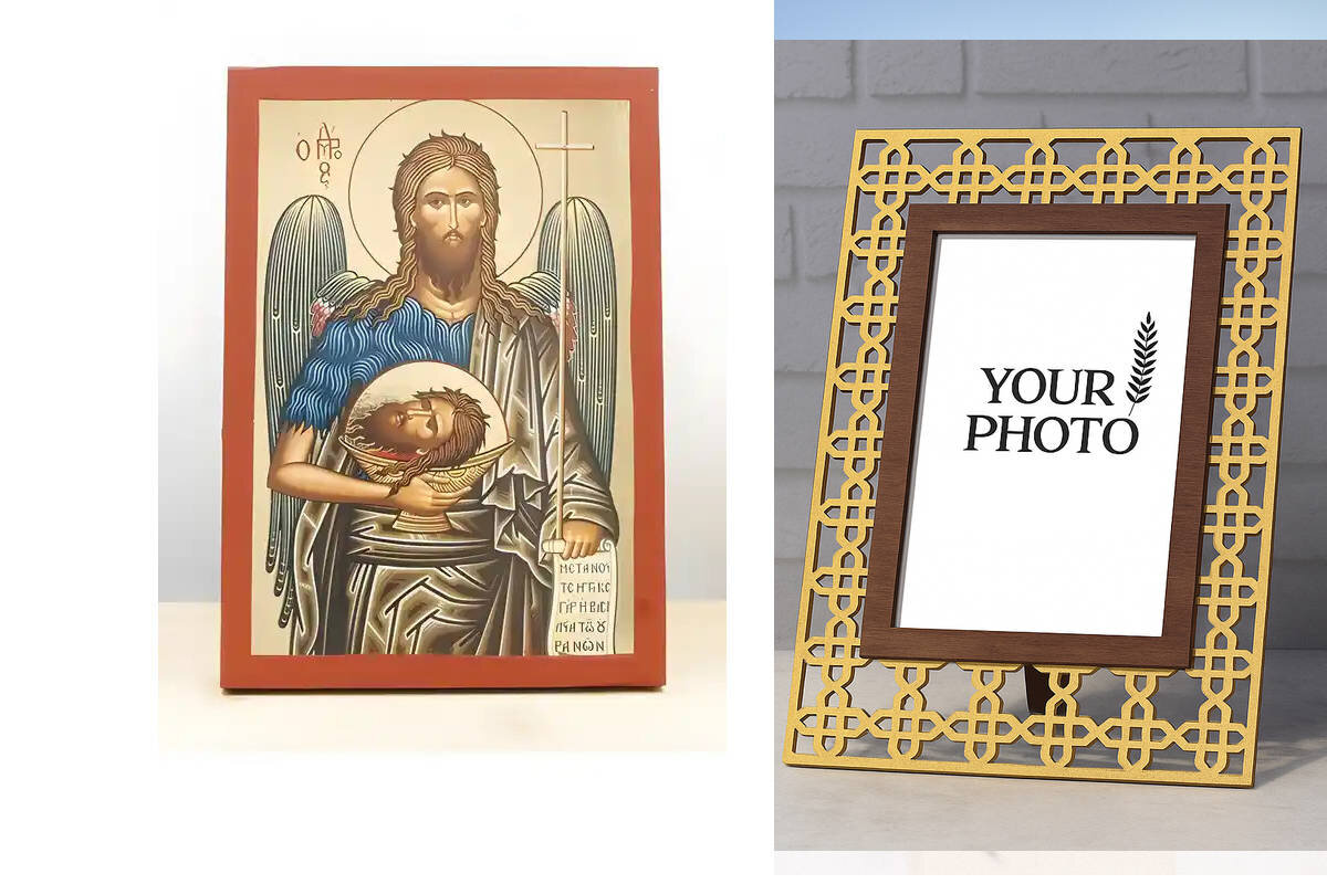 Εικόνα Ορθοδοξίας Πολυτελείας  με  σχεδιο Σταυρούς μαζι με  Βάση σε  8 χρώματα με περίγραμμα χρυσό σε ξύλο Plywood (Πλακάζ)   με  βάση Άγιος Ιωάννης ο Βαπτιστής, Ξύλινη χειροποίητη εικόνα με χρυσό φύλλο θρησκευτικό θέμα Ελληνικό Premium Βυζαντινού ύφους Χειροποίητη Ελληνορθόδοξη εικόνα του Ιησού Χριστού, Κρεμαστή πλάκα βυζαντινής τέχνης, χριστιανική τέχνη Διάσταση 10x7 cm (3,9 x 2,8 ίντσες)  INTRAEK3kadro3211-11035