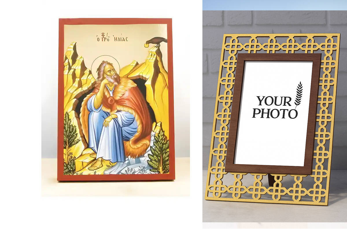 Εικόνα Ορθοδοξίας Πολυτελείας  με  σχεδιο Σταυρούς μαζι με  Βάση σε  8 χρώματα με περίγραμμα χρυσό σε ξύλο Plywood (Πλακάζ)   με  βάση Άγιος Προφήτης Ηλίας ή Ηλίας, Ξύλινη Χειροποίητη Εικόνα με Ψηφιακή Εκτύπωση Ελληνικό Premium Βυζαντινού Στυλ Κρεμαστό τοίχου Θρησκευτικό Θέμα Χειροποίητη Ελληνορθόδοξη εικόνα του Ιησού Χριστού, Κρεμαστή πλάκα βυζαντινής τέχνης, χριστιανική τέχνη Διάσταση 10x7 cm (3,9 x 2,8 ίντσες)  INTRAEK3kadro3211-11034