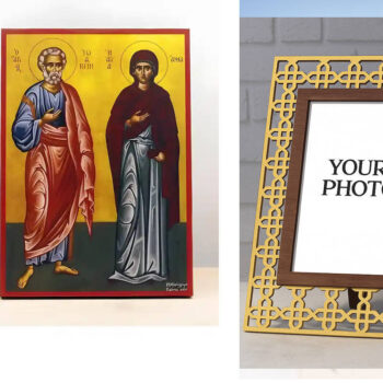 Εικόνα Ορθοδοξίας Πολυτελείας  με  σχεδιο Σταυρούς μαζι με  Βάση σε  8 χρώματα με περίγραμμα χρυσό σε ξύλο Plywood (Πλακάζ)   με  βάση Άγιοι Ιωακείμ και Άννα, Ξύλινη Χειροποίητη Εικόνα Ελληνικής Premium Βυζαντινού Στυλ Κρεμασμένη σε ξύλινη πλάκα Χειροποίητη Ελληνορθόδοξη εικόνα του Ιησού Χριστού, Κρεμαστή πλάκα βυζαντινής τέχνης, χριστιανική τέχνη Διάσταση 15x11 cm (5,9 x 4,3 ίντσες)  INTRAEK3kadro3211-611032 - Image 1