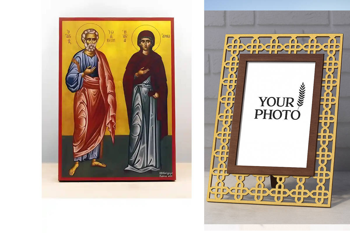 Εικόνα Ορθοδοξίας Πολυτελείας  με  σχεδιο Σταυρούς μαζι με  Βάση σε  8 χρώματα με περίγραμμα χρυσό σε ξύλο Plywood (Πλακάζ)   με  βάση Άγιοι Ιωακείμ και Άννα, Ξύλινη Χειροποίητη Εικόνα Ελληνικής Premium Βυζαντινού Στυλ Κρεμασμένη σε ξύλινη πλάκα Χειροποίητη Ελληνορθόδοξη εικόνα του Ιησού Χριστού, Κρεμαστή πλάκα βυζαντινής τέχνης, χριστιανική τέχνη Διάσταση 10x7 cm (3,9 x 2,8 ίντσες)  INTRAEK3kadro3211-11032