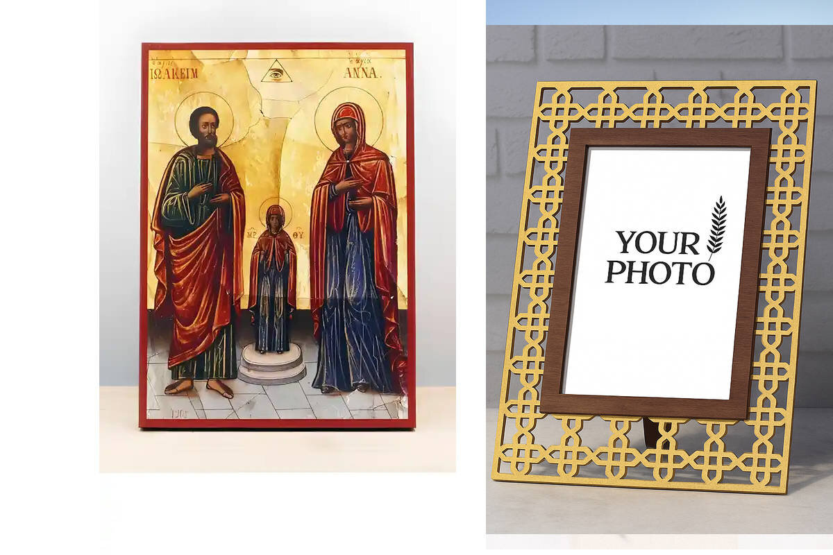 Εικόνα Ορθοδοξίας Πολυτελείας  με  σχεδιο Σταυρούς μαζι με  Βάση σε  8 χρώματα με περίγραμμα χρυσό σε ξύλο Plywood (Πλακάζ)   με  βάση Οι Άγιοι Ιωακείμ και Άννα με την κόρη τους την Παναγία, Ξύλινη Χειροποίητη Εικόνα Ελληνικής Βυζαντινής Στυλ Κρεμαστή σε Τοίχο Ηλικιωμένο Χειροποίητη Ελληνορθόδοξη εικόνα του Ιησού Χριστού, Κρεμαστή πλάκα βυζαντινής τέχνης, χριστιανική τέχνη Διάσταση 10x7 cm (3,9 x 2,8 ίντσες)  INTRAEK3kadro3211-11031