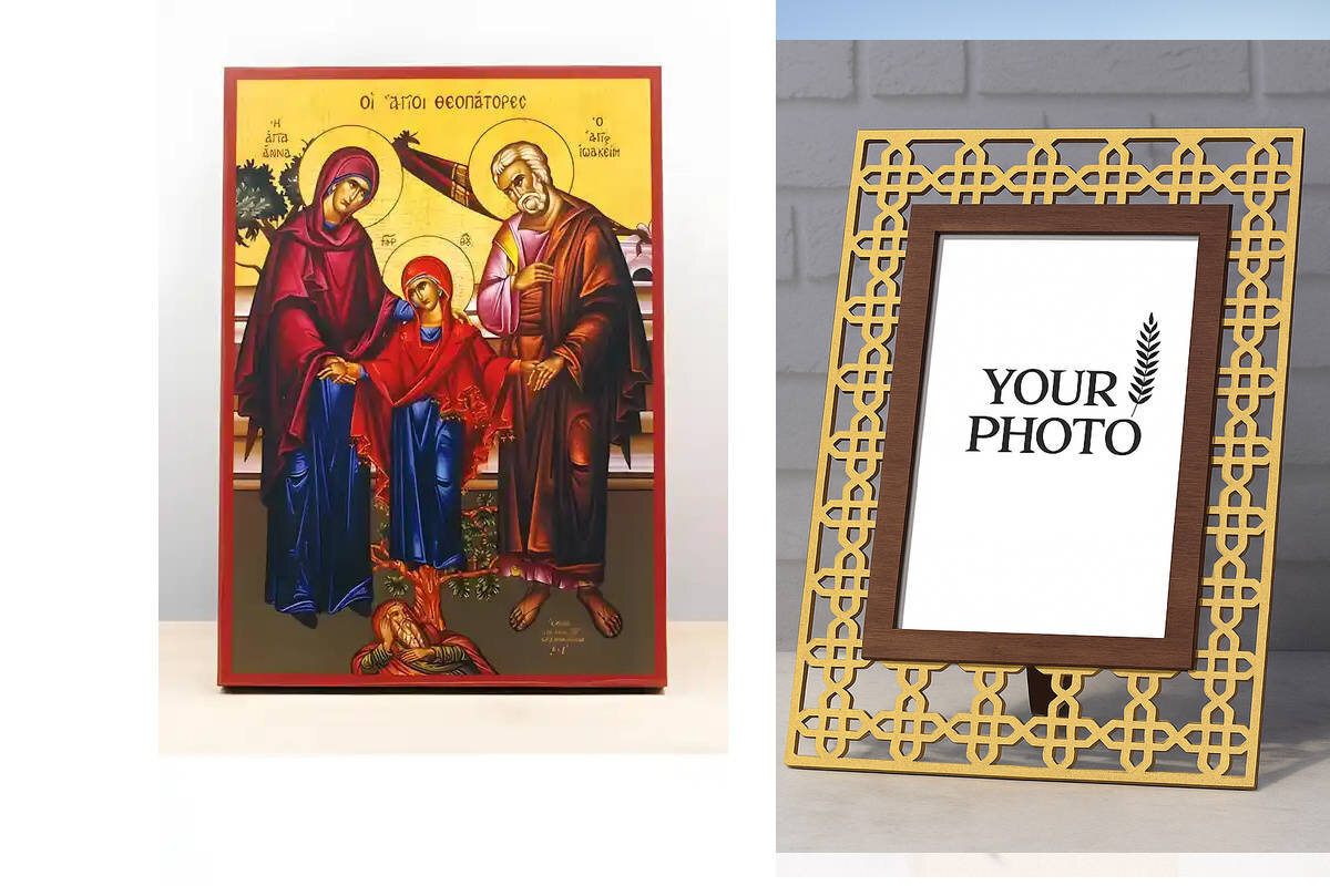 Εικόνα Ορθοδοξίας Πολυτελείας  με  σχεδιο Σταυρούς μαζι με  Βάση σε  8 χρώματα με περίγραμμα χρυσό σε ξύλο Plywood (Πλακάζ)   με  βάση Οι Άγιοι Ιωακείμ και Άννα με την κόρη τους την Παναγία, Ξύλινη Χειροποίητη Εικόνα Ελληνικού Βυζαντινού Στυλ Κρεμασμένη σε Πλάκα Χειροποίητη Ελληνορθόδοξη εικόνα του Ιησού Χριστού, Κρεμαστή πλάκα βυζαντινής τέχνης, χριστιανική τέχνη Διάσταση 10x7 cm (3,9 x 2,8 ίντσες)  INTRAEK3kadro3211-11030