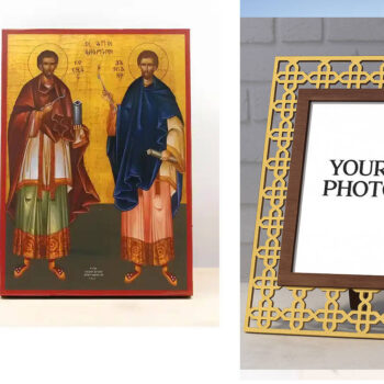 Εικόνα Ορθοδοξίας Πολυτελείας  με  σχεδιο Σταυρούς μαζι με  Βάση σε  8 χρώματα με περίγραμμα χρυσό σε ξύλο Plywood (Πλακάζ)   με  βάση Άγιοι Άγιοι Ανεργοφόροι Κοσμάς και Δαμιανός, Ξύλινη Χειροποίητη Εικόνα Ελληνικού Βυζαντινού Στυλ Κρεμαστό σε ξύλινη πλάκα Χειροποίητη Ελληνορθόδοξη εικόνα του Ιησού Χριστού, Κρεμαστή πλάκα βυζαντινής τέχνης, χριστιανική τέχνη Διάσταση 15x11 cm (5,9 x 4,3 ίντσες)  INTRAEK3kadro3211-611029 - Image 1