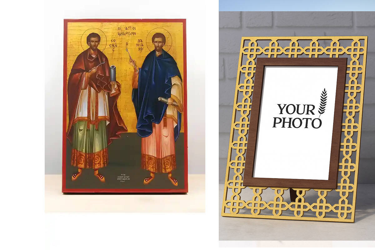 Εικόνα Ορθοδοξίας Πολυτελείας  με  σχεδιο Σταυρούς μαζι με  Βάση σε  8 χρώματα με περίγραμμα χρυσό σε ξύλο Plywood (Πλακάζ)   με  βάση Άγιοι Άγιοι Ανεργοφόροι Κοσμάς και Δαμιανός, Ξύλινη Χειροποίητη Εικόνα Ελληνικού Βυζαντινού Στυλ Κρεμαστό σε ξύλινη πλάκα Χειροποίητη Ελληνορθόδοξη εικόνα του Ιησού Χριστού, Κρεμαστή πλάκα βυζαντινής τέχνης, χριστιανική τέχνη Διάσταση 10x7 cm (3,9 x 2,8 ίντσες)  INTRAEK3kadro3211-11029