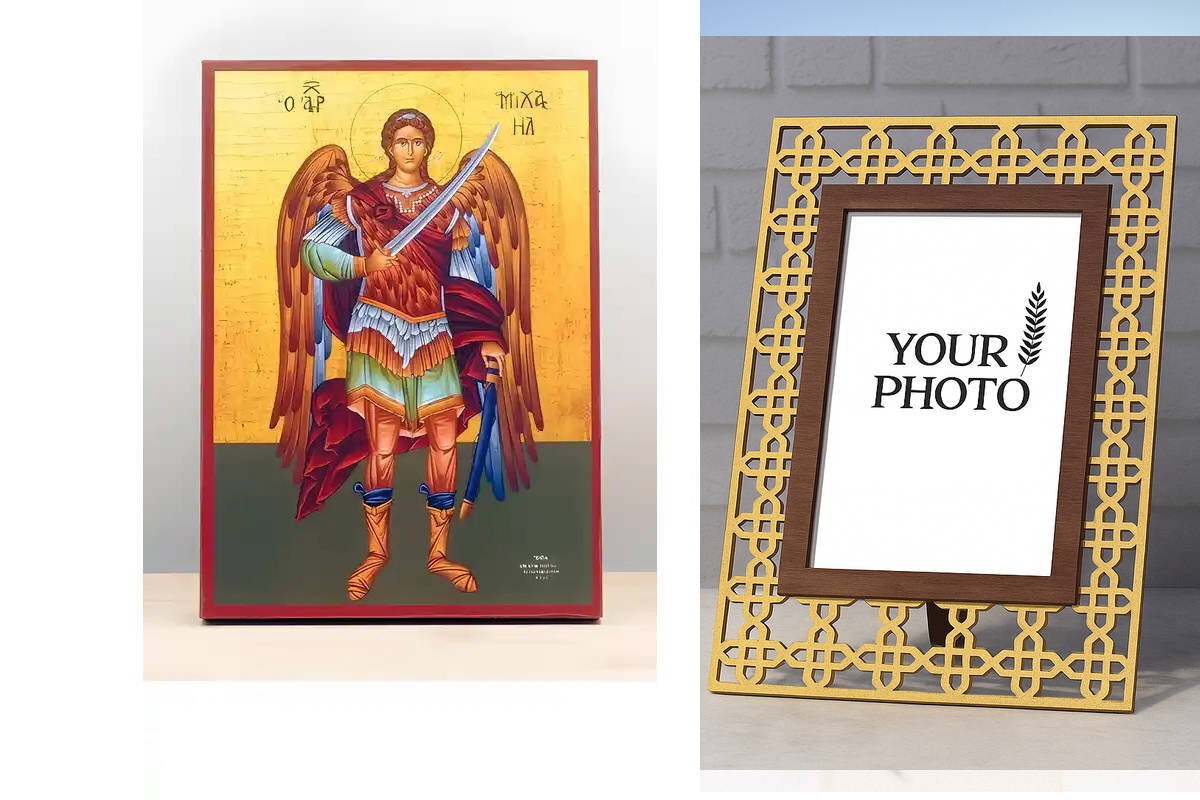 Εικόνα Ορθοδοξίας Πολυτελείας  με  σχεδιο Σταυρούς μαζι με  Βάση σε  8 χρώματα με περίγραμμα χρυσό σε ξύλο Plywood (Πλακάζ)   με  βάση Αρχάγγελος Μιχαήλ Fullbody, Ξύλινη Χειροποίητη Εικόνα Ελληνικού Premium Βυζαντινού Στυλ Κρεμαστή σε ξύλινη πλάκα Θρησκευτικό θέμα Χειροποίητη Ελληνορθόδοξη εικόνα του Ιησού Χριστού, Κρεμαστή πλάκα βυζαντινής τέχνης, χριστιανική τέχνη Διάσταση 10x7 cm (3,9 x 2,8 ίντσες)  INTRAEK3kadro3211-11028
