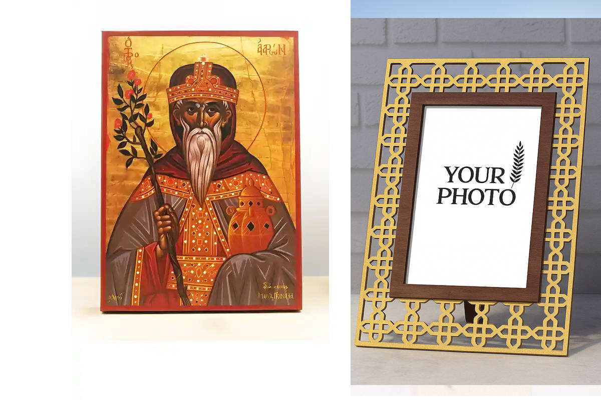 Εικόνα Ορθοδοξίας Πολυτελείας  με  σχεδιο Σταυρούς μαζι με  Βάση σε  8 χρώματα με περίγραμμα χρυσό σε ξύλο Plywood (Πλακάζ)   με  βάση Άγιος Προφήτης Ααρών, Ξύλινη Χειροποίητη Εικόνα Ελληνικού Βυζαντινού Στυλ Κρεμαστή σε ξύλινη πλάκα Θρησκευτικό θέμα Χειροποίητη Ελληνορθόδοξη εικόνα του Ιησού Χριστού, Κρεμαστή πλάκα βυζαντινής τέχνης, χριστιανική τέχνη Διάσταση 10x7 cm (3,9 x 2,8 ίντσες)  INTRAEK3kadro3211-11027