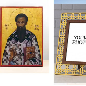 Εικόνα Ορθοδοξίας Πολυτελείας  με  σχεδιο Σταυρούς μαζι με  Βάση σε  8 χρώματα με περίγραμμα χρυσό σε ξύλο Plywood (Πλακάζ)   με  βάση Άγιος Βασίλειος ο Μέγας της Καισάρειας, Ξύλινη Χειροποίητη Εικόνα Ελληνικού Βυζαντινού Στυλ Κρεμαστή σε ξύλινη πλάκα Χειροποίητη Ελληνορθόδοξη εικόνα του Ιησού Χριστού, Κρεμαστή πλάκα βυζαντινής τέχνης, χριστιανική τέχνη Διάσταση 15x11 cm (5,9 x 4,3 ίντσες)  INTRAEK3kadro3211-611026 - Image 1