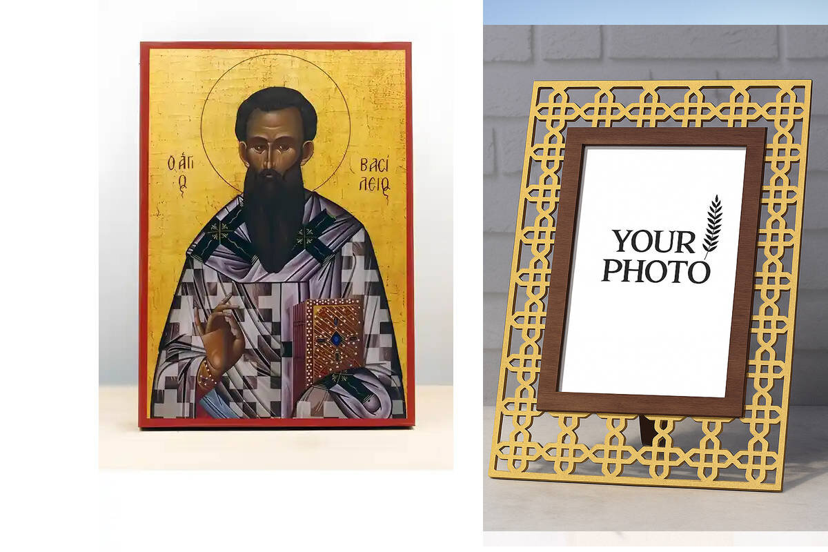 Εικόνα Ορθοδοξίας Πολυτελείας  με  σχεδιο Σταυρούς μαζι με  Βάση σε  8 χρώματα με περίγραμμα χρυσό σε ξύλο Plywood (Πλακάζ)   με  βάση Άγιος Βασίλειος ο Μέγας της Καισάρειας, Ξύλινη Χειροποίητη Εικόνα Ελληνικού Βυζαντινού Στυλ Κρεμαστή σε ξύλινη πλάκα Χειροποίητη Ελληνορθόδοξη εικόνα του Ιησού Χριστού, Κρεμαστή πλάκα βυζαντινής τέχνης, χριστιανική τέχνη Διάσταση 10x7 cm (3,9 x 2,8 ίντσες)  INTRAEK3kadro3211-11026