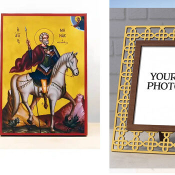 Εικόνα Ορθοδοξίας Πολυτελείας  με  σχεδιο Σταυρούς μαζι με  Βάση σε  8 χρώματα με περίγραμμα χρυσό σε ξύλο Plywood (Πλακάζ)   με  βάση Άγιος Μηνάς της Αιγύπτου έφιππος, Ξύλινη Χειροποίητη Εικόνα Ελληνικής Premium Βυζαντινής τεχνοτροπίας Κρεμασμένη σε ξύλινη πλάκα Χειροποίητη Ελληνορθόδοξη εικόνα του Ιησού Χριστού, Κρεμαστή πλάκα βυζαντινής τέχνης, χριστιανική τέχνη Διάσταση 10x7 cm (3,9 x 2,8 ίντσες)  INTRAEK3kadro3211-11025 - Image 1