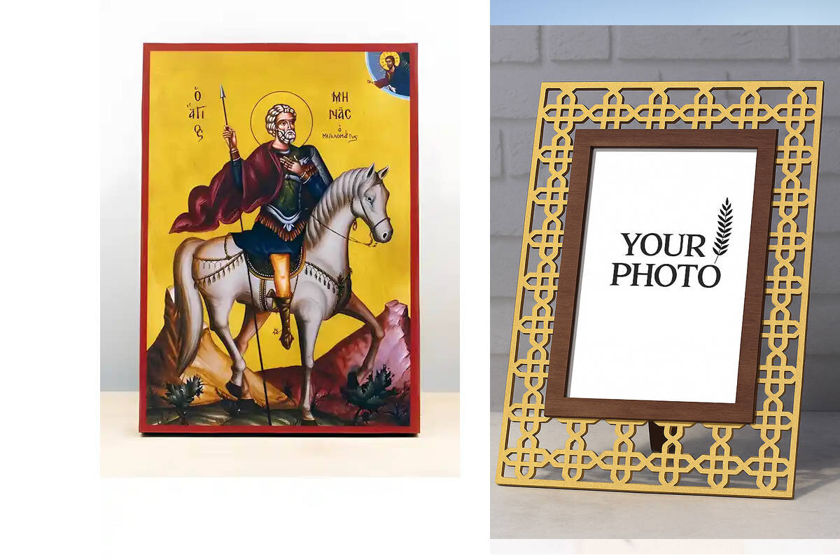 Εικόνα Ορθοδοξίας Πολυτελείας  με  σχεδιο Σταυρούς μαζι με  Βάση σε  8 χρώματα με περίγραμμα χρυσό σε ξύλο Plywood (Πλακάζ)   με  βάση Άγιος Μηνάς της Αιγύπτου έφιππος, Ξύλινη Χειροποίητη Εικόνα Ελληνικής Premium Βυζαντινής τεχνοτροπίας Κρεμασμένη σε ξύλινη πλάκα Χειροποίητη Ελληνορθόδοξη εικόνα του Ιησού Χριστού, Κρεμαστή πλάκα βυζαντινής τέχνης, χριστιανική τέχνη Διάσταση 10x7 cm (3,9 x 2,8 ίντσες)  INTRAEK3kadro3211-11025