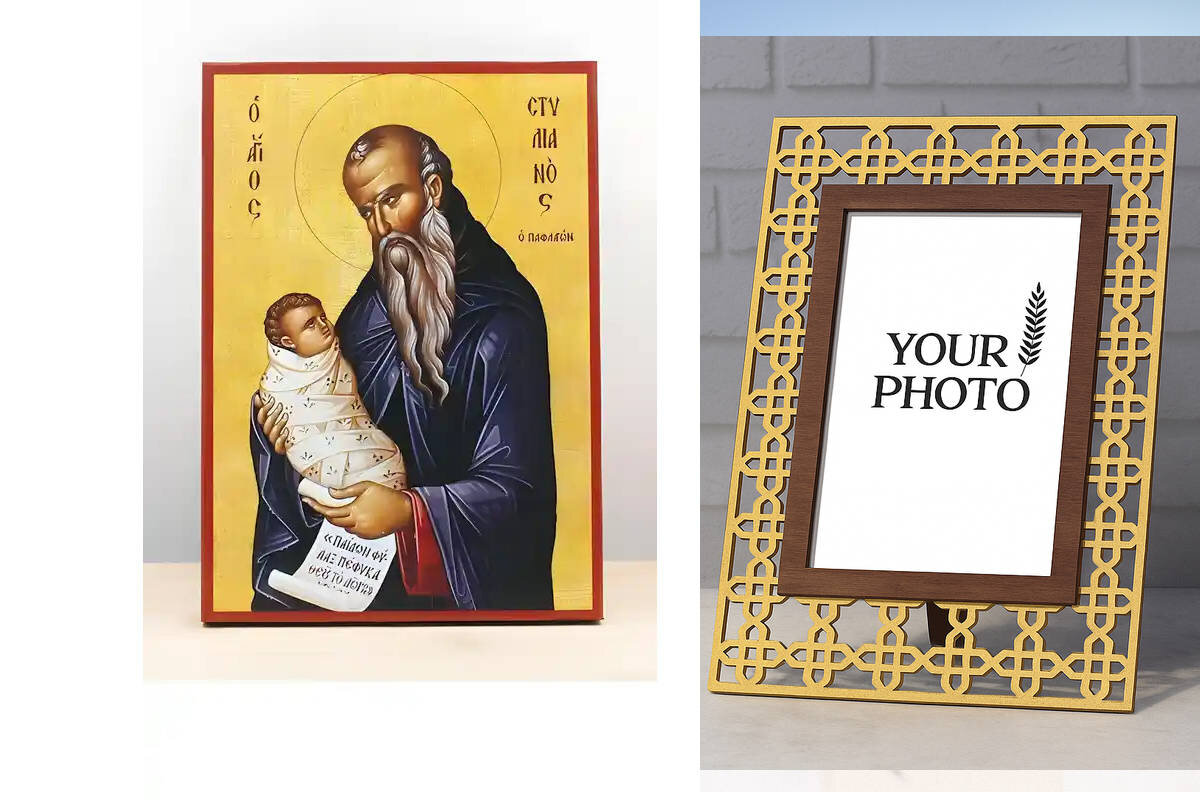 Εικόνα Ορθοδοξίας Πολυτελείας  με  σχεδιο Σταυρούς μαζι με  Βάση σε  8 χρώματα με περίγραμμα χρυσό σε ξύλο Plywood (Πλακάζ)   με  βάση Άγιος Στυλιανός Παφλαγονίας, Ξύλινη Χειροποίητη Εικόνα Ελληνικού Βυζαντινού Στυλ Κρεμαστή σε ξύλινη πλάκα Χειροποίητη Ελληνορθόδοξη εικόνα του Ιησού Χριστού, Κρεμαστή πλάκα βυζαντινής τέχνης, χριστιανική τέχνη Διάσταση 10x7 cm (3,9 x 2,8 ίντσες)  INTRAEK3kadro3211-11024