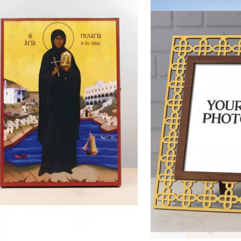 Εικόνα Ορθοδοξίας Πολυτελείας  με  σχεδιο Σταυρούς μαζι με  Βάση σε  8 χρώματα με περίγραμμα χρυσό σε ξύλο Plywood (Πλακάζ)   με  βάση Αγία Πελαγία Τήνου Ολόσωμο, Ξύλινη Χειροποίητη Εικόνα Ελληνικού Βυζαντινού Στυλ Κρεμαστή σε ξύλινη πλάκα Θρησκευτικό Θέμα Χειροποίητη Ελληνορθόδοξη εικόνα του Ιησού Χριστού, Κρεμαστή πλάκα βυζαντινής τέχνης, χριστιανική τέχνη Διάσταση 15x11 cm (5,9 x 4,3 ίντσες)  INTRAEK3kadro3211-611023 - Image 1