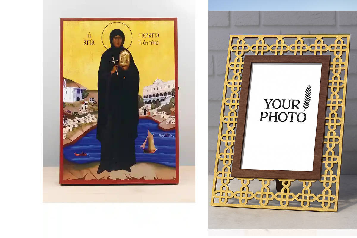 Εικόνα Ορθοδοξίας Πολυτελείας  με  σχεδιο Σταυρούς μαζι με  Βάση σε  8 χρώματα με περίγραμμα χρυσό σε ξύλο Plywood (Πλακάζ)   με  βάση Αγία Πελαγία Τήνου Ολόσωμο, Ξύλινη Χειροποίητη Εικόνα Ελληνικού Βυζαντινού Στυλ Κρεμαστή σε ξύλινη πλάκα Θρησκευτικό Θέμα Χειροποίητη Ελληνορθόδοξη εικόνα του Ιησού Χριστού, Κρεμαστή πλάκα βυζαντινής τέχνης, χριστιανική τέχνη Διάσταση 10x7 cm (3,9 x 2,8 ίντσες)  INTRAEK3kadro3211-11023