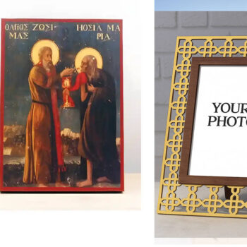 Εικόνα Ορθοδοξίας Πολυτελείας  με  σχεδιο Σταυρούς μαζι με  Βάση σε  8 χρώματα με περίγραμμα χρυσό σε ξύλο Plywood (Πλακάζ)   με  βάση Ο Άγιος Ζωσιμάς Κοινωνεί την Αγία Μαρία την Αιγυπτία, Ξύλινη Χειροποίητη Εικόνα Ελληνικού Βυζαντινού Στυλ Κρεμασμένη σε Ξυλόπλακα Χειροποίητη Ελληνορθόδοξη εικόνα του Ιησού Χριστού, Κρεμαστή πλάκα βυζαντινής τέχνης, χριστιανική τέχνη Διάσταση 15x11 cm (5,9 x 4,3 ίντσες)  INTRAEK3kadro3211-611022 - Image 1