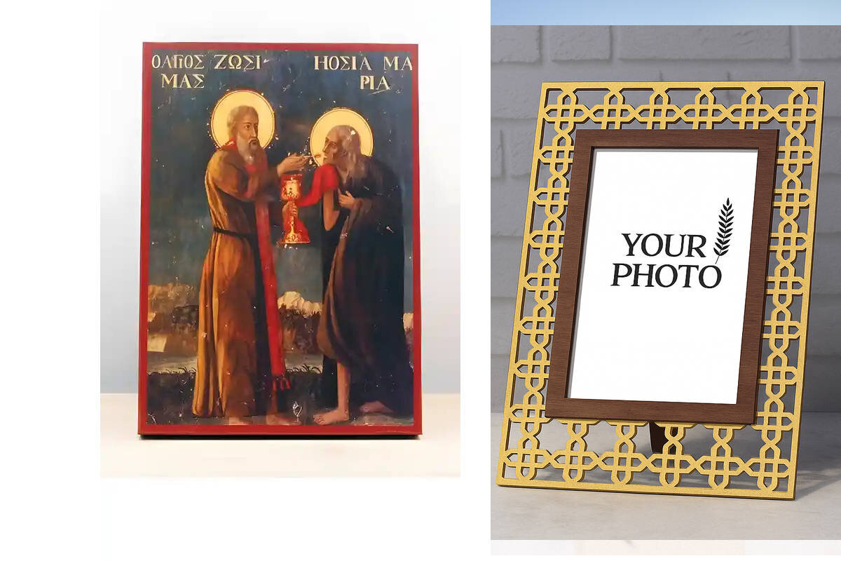 Εικόνα Ορθοδοξίας Πολυτελείας  με  σχεδιο Σταυρούς μαζι με  Βάση σε  8 χρώματα με περίγραμμα χρυσό σε ξύλο Plywood (Πλακάζ)   με  βάση Ο Άγιος Ζωσιμάς Κοινωνεί την Αγία Μαρία την Αιγυπτία, Ξύλινη Χειροποίητη Εικόνα Ελληνικού Βυζαντινού Στυλ Κρεμασμένη σε Ξυλόπλακα Χειροποίητη Ελληνορθόδοξη εικόνα του Ιησού Χριστού, Κρεμαστή πλάκα βυζαντινής τέχνης, χριστιανική τέχνη Διάσταση 10x7 cm (3,9 x 2,8 ίντσες)  INTRAEK3kadro3211-11022