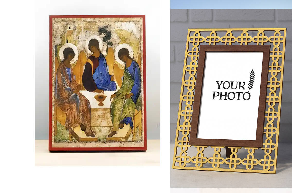 Εικόνα Ορθοδοξίας Πολυτελείας  με  σχεδιο Σταυρούς μαζι με  Βάση σε  8 χρώματα με περίγραμμα χρυσό σε ξύλο Plywood (Πλακάζ)   με  βάση Αγία Τριάδα Παλαιάς Διαθήκης, Ξύλινη Χειροποίητη Εικόνα Ελληνικού Premium Βυζαντινού Στυλ Κρεμαστή σε ξύλινη πλάκα Θρησκευτικό θέμα Χειροποίητη Ελληνορθόδοξη εικόνα του Ιησού Χριστού, Κρεμαστή πλάκα βυζαντινής τέχνης, χριστιανική τέχνη Διάσταση 10x7 cm (3,9 x 2,8 ίντσες)  INTRAEK3kadro3211-11017