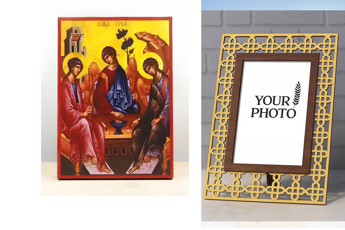 Εικόνα Ορθοδοξίας Πολυτελείας  με  σχεδιο Σταυρούς μαζι με  Βάση σε  8 χρώματα με περίγραμμα χρυσό σε ξύλο Plywood (Πλακάζ)   με  βάση Αγία Τριάδα Παλαιάς Διαθήκης, Ξύλινη Χειροποίητη Εικόνα Ελληνικού Premium Βυζαντινού Στυλ Κρεμαστή σε ξύλινη πλάκα Θρησκευτικό θέμα Χειροποίητη Ελληνορθόδοξη εικόνα του Ιησού Χριστού, Κρεμαστή πλάκα βυζαντινής τέχνης, χριστιανική τέχνη Διάσταση 10x7 cm (3,9 x 2,8 ίντσες)  INTRAEK3kadro3211-11016