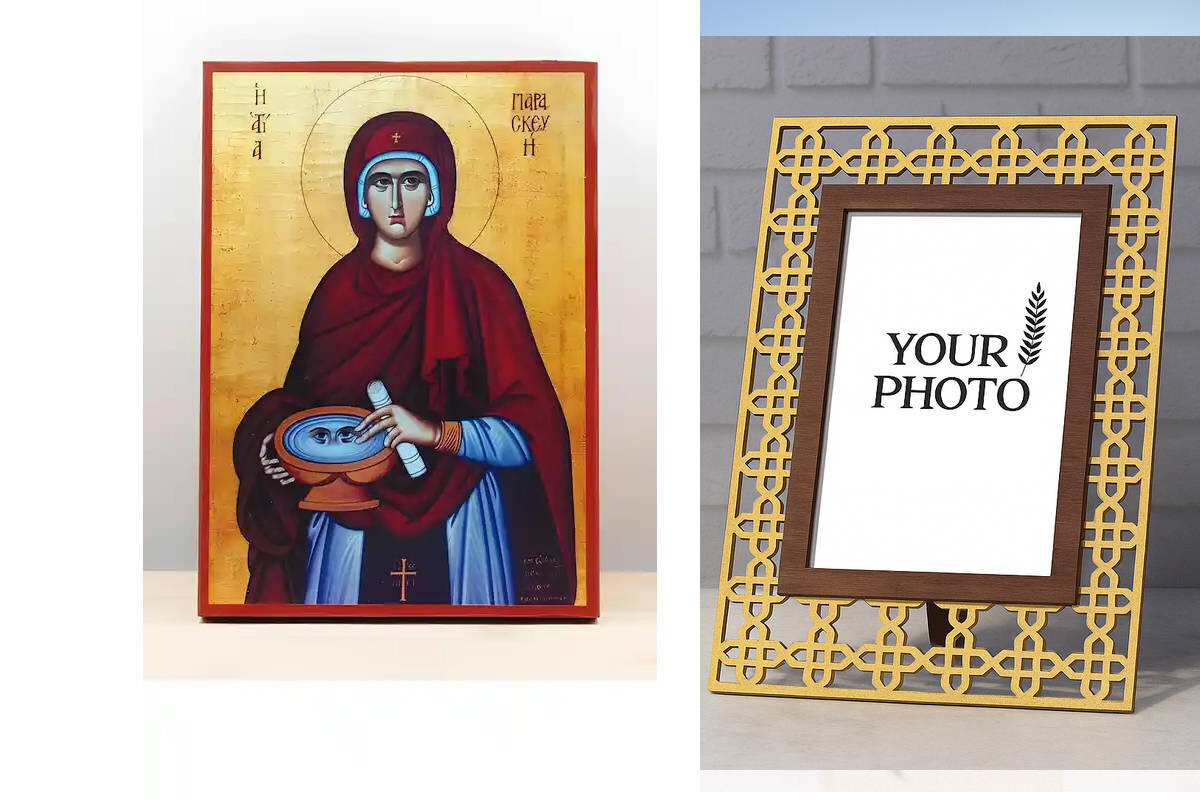 Εικόνα Ορθοδοξίας Πολυτελείας  με  σχεδιο Σταυρούς μαζι με  Βάση σε  8 χρώματα με περίγραμμα χρυσό σε ξύλο Plywood (Πλακάζ)   με  βάση Αγία Παρασκευή Ρώμης, Ξύλινη Χειροποίητη Εικόνα Ελληνικού Βυζαντινού Στυλ Κρεμασμένη σε ξύλινη πλάκα Χειροποίητη Ελληνορθόδοξη εικόνα του Ιησού Χριστού, Κρεμαστή πλάκα βυζαντινής τέχνης, χριστιανική τέχνη Διάσταση 10x7 cm (3,9 x 2,8 ίντσες)  INTRAEK3kadro3211-11014