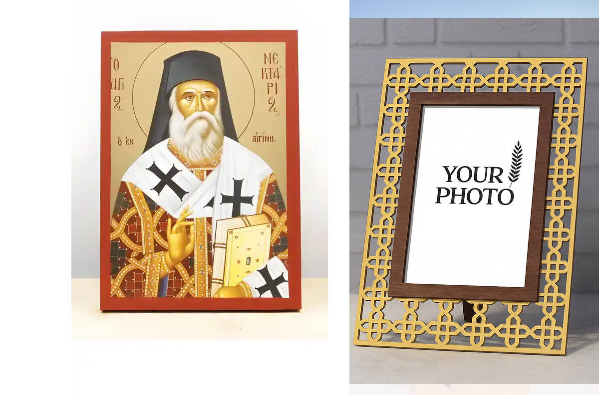 Εικόνα Ορθοδοξίας Πολυτελείας  με  σχεδιο Σταυρούς μαζι με  Βάση σε  8 χρώματα με περίγραμμα χρυσό σε ξύλο Plywood (Πλακάζ)   με  βάση Άγιος Νεκτάριος Αιγίνης, Ξύλινη Χειροποίητη Εικόνα με  ψηφιακή εκτύπωση Ελληνικό Premium Βυζαντινού Στυλ Κρεμαστό τοίχου Θρησκευτικό Θέμα Χειροποίητη Ελληνορθόδοξη εικόνα του Ιησού Χριστού, Κρεμαστή πλάκα βυζαντινής τέχνης, χριστιανική τέχνη Διάσταση 10x7 cm (3,9 x 2,8 ίντσες)  INTRAEK3kadro3211-11013