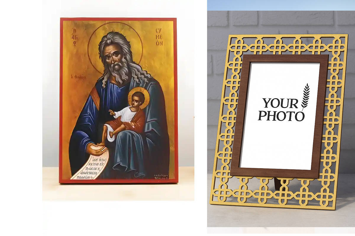 Εικόνα Ορθοδοξίας Πολυτελείας  με  σχεδιο Σταυρούς μαζι με  Βάση σε  8 χρώματα με περίγραμμα χρυσό σε ξύλο Plywood (Πλακάζ)   με  βάση Άγιος Συμεών ο Θεολήπτης, Ξύλινη Χειροποίητη Εικόνα Ελληνικής Κορυφαίας Βυζαντινής τεχνοτροπίας Κρεμασμένη σε ξύλινη πλάκα Χειροποίητη Ελληνορθόδοξη εικόνα του Ιησού Χριστού, Κρεμαστή πλάκα βυζαντινής τέχνης, χριστιανική τέχνη Διάσταση 10x7 cm (3,9 x 2,8 ίντσες)  INTRAEK3kadro3211-11010