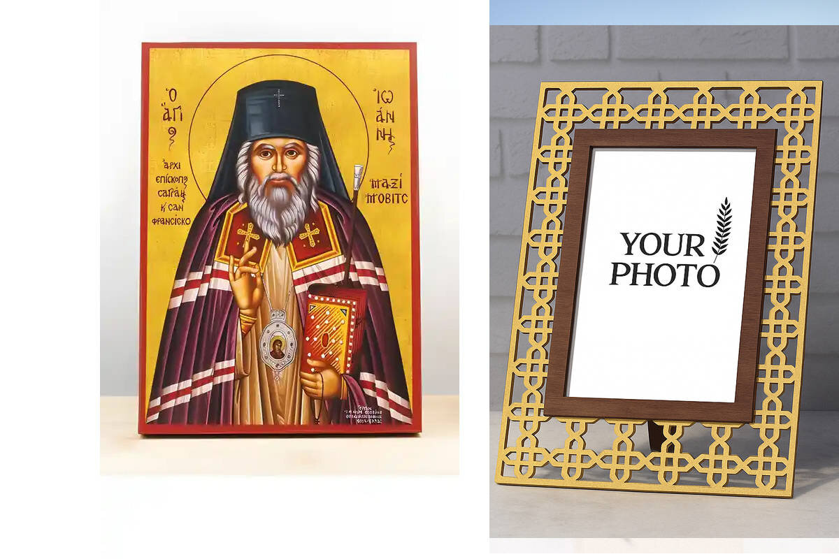 Εικόνα Ορθοδοξίας Πολυτελείας  με  σχεδιο Σταυρούς μαζι με  Βάση σε  8 χρώματα με περίγραμμα χρυσό σε ξύλο Plywood (Πλακάζ)   με  βάση Άγιος Ιωάννης Μαξίμοβιτς ο Θαυματουργός, Ξύλινη Χειροποίητη Εικόνα Ελληνικού Premium Βυζαντινού Στυλ Κρεμασμένο σε ξύλινη πλάκα Θρησκευτικό θέμα Χειροποίητη Ελληνορθόδοξη εικόνα του Ιησού Χριστού, Κρεμαστή πλάκα βυζαντινής τέχνης, χριστιανική τέχνη Διάσταση 10x7 cm (3,9 x 2,8 ίντσες)  INTRAEK3kadro3211-11009