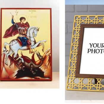 Εικόνα Ορθοδοξίας Πολυτελείας  με  σχεδιο Σταυρούς μαζι με  Βάση σε  8 χρώματα με περίγραμμα χρυσό σε ξύλο Plywood (Πλακάζ)   με  βάση Ο Άγιος Γεώργιος και ο Δράκος, Ξύλινη Χειροποίητη Εικόνα Ελληνικού Premium Βυζαντινού Στυλ Κρεμασμένο σε ξύλινη πλάκα Χειροποίητη Ελληνορθόδοξη εικόνα του Ιησού Χριστού, Κρεμαστή πλάκα βυζαντινής τέχνης, χριστιανική τέχνη Διάσταση 15x11 cm (5,9 x 4,3 ίντσες)  INTRAEK3kadro3211-611008 - Image 1