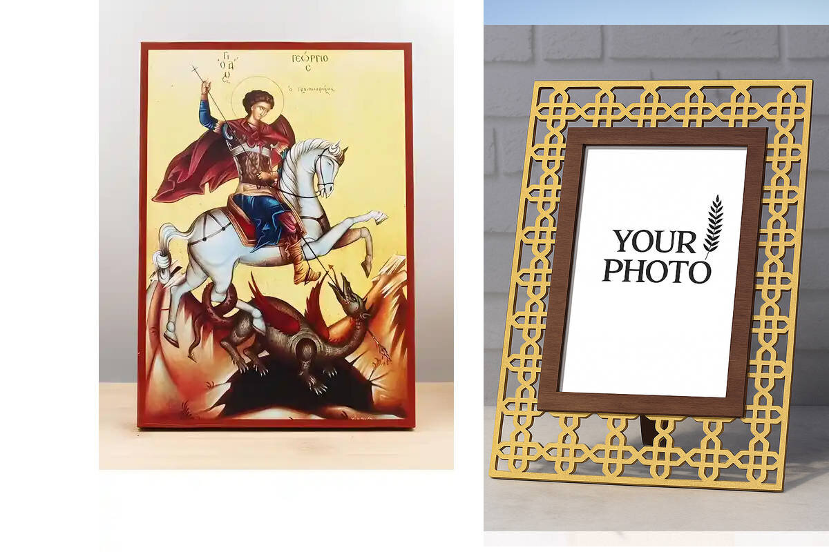 Εικόνα Ορθοδοξίας Πολυτελείας  με  σχεδιο Σταυρούς μαζι με  Βάση σε  8 χρώματα με περίγραμμα χρυσό σε ξύλο Plywood (Πλακάζ)   με  βάση Ο Άγιος Γεώργιος και ο Δράκος, Ξύλινη Χειροποίητη Εικόνα Ελληνικού Premium Βυζαντινού Στυλ Κρεμασμένο σε ξύλινη πλάκα Χειροποίητη Ελληνορθόδοξη εικόνα του Ιησού Χριστού, Κρεμαστή πλάκα βυζαντινής τέχνης, χριστιανική τέχνη Διάσταση 10x7 cm (3,9 x 2,8 ίντσες)  INTRAEK3kadro3211-11008