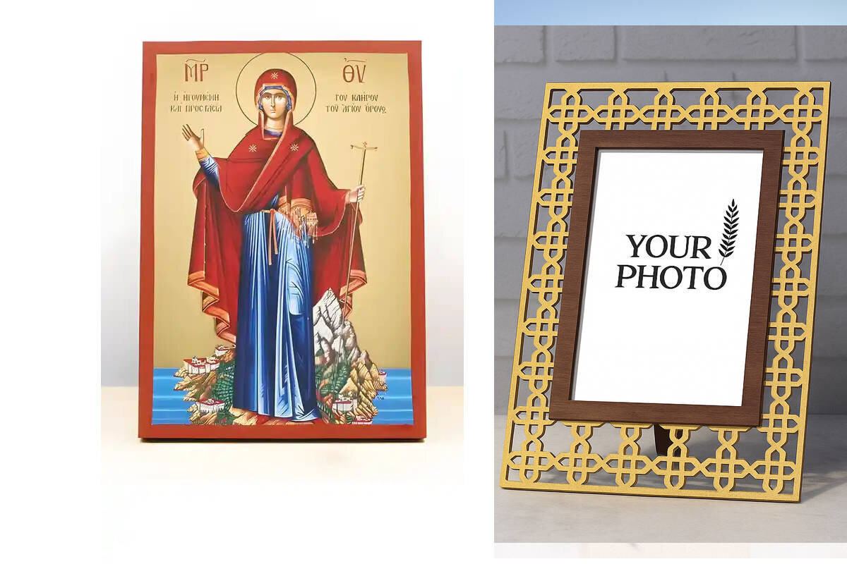 Εικόνα Ορθοδοξίας Πολυτελείας  με  σχεδιο Σταυρούς μαζι με  Βάση σε  8 χρώματα με περίγραμμα χρυσό σε ξύλο Plywood (Πλακάζ)   με  βάση Παναγία η Προστάτιδα του Αγίου Όρους, Ξύλινη Χειροποίητη Εικόνα με Αλουμινόχαρτο Ελληνικού Βυζαντινού Στυλ επιτοίχιας υψηλής ποιότητας Χειροποίητη Ελληνορθόδοξη εικόνα του Ιησού Χριστού, Κρεμαστή πλάκα βυζαντινής τέχνης, χριστιανική τέχνη Διάσταση 10x7 cm (3,9 x 2,8 ίντσες)  INTRAEK3kadro3211-11007