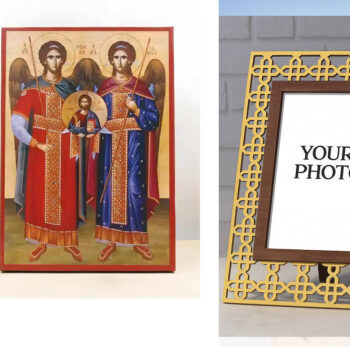 Εικόνα Ορθοδοξίας Πολυτελείας  με  σχεδιο Σταυρούς μαζι με  Βάση σε  8 χρώματα με περίγραμμα χρυσό σε ξύλο Plywood (Πλακάζ)   με  βάση Οι Αρχάγγελοι Μιχαήλ και Γαβριήλ «Ταξιάρξης» με τον Ιησού Χριστό, Ξύλινη Χειροποίητη Εικόνα Ελληνικού Βυζαντινού Στυλ Κρεμαστή σε Ξυλόπλακα Χειροποίητη Ελληνορθόδοξη εικόνα του Ιησού Χριστού, Κρεμαστή πλάκα βυζαντινής τέχνης, χριστιανική τέχνη Διάσταση 15x11 cm (5,9 x 4,3 ίντσες)  INTRAEK3kadro3211-611006 - Image 1