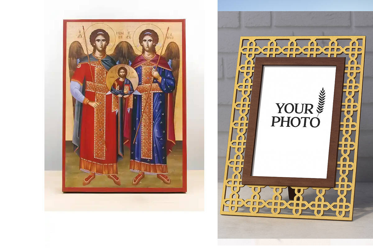 Εικόνα Ορθοδοξίας Πολυτελείας  με  σχεδιο Σταυρούς μαζι με  Βάση σε  8 χρώματα με περίγραμμα χρυσό σε ξύλο Plywood (Πλακάζ)   με  βάση Οι Αρχάγγελοι Μιχαήλ και Γαβριήλ «Ταξιάρξης» με τον Ιησού Χριστό, Ξύλινη Χειροποίητη Εικόνα Ελληνικού Βυζαντινού Στυλ Κρεμαστή σε Ξυλόπλακα Χειροποίητη Ελληνορθόδοξη εικόνα του Ιησού Χριστού, Κρεμαστή πλάκα βυζαντινής τέχνης, χριστιανική τέχνη Διάσταση 10x7 cm (3,9 x 2,8 ίντσες)  INTRAEK3kadro3211-11006