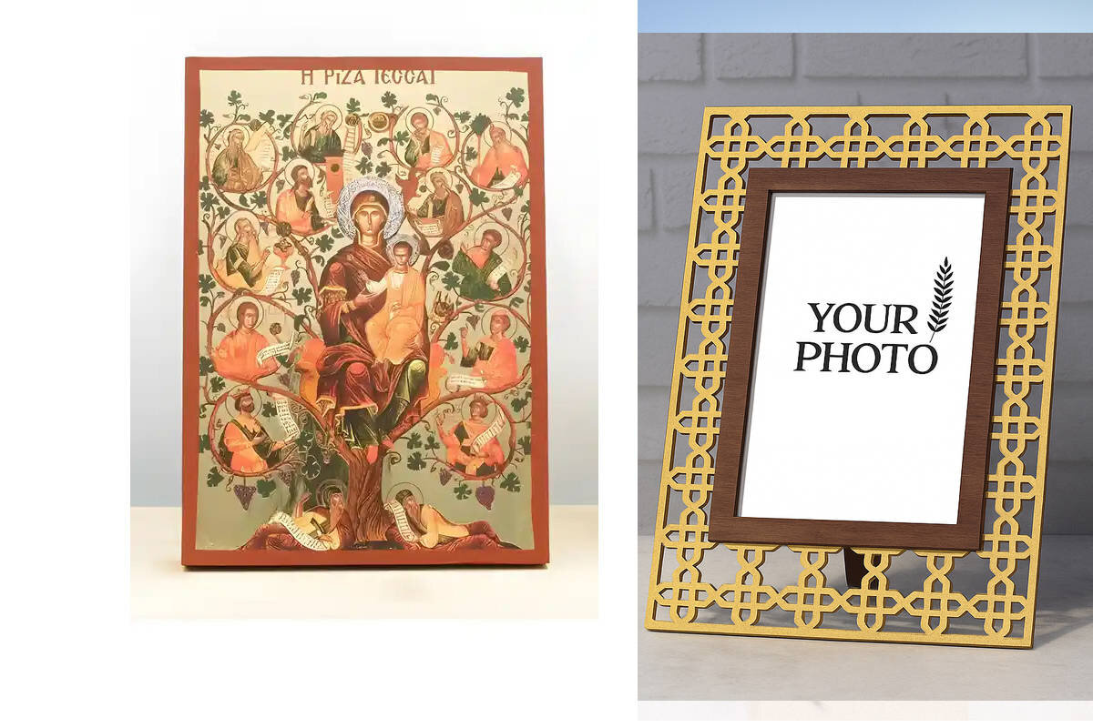 Εικόνα Ορθοδοξίας Πολυτελείας  με  σχεδιο Σταυρούς μαζι με  Βάση σε  8 χρώματα με περίγραμμα χρυσό σε ξύλο Plywood (Πλακάζ)   με  βάση Virgin Mary The Tree of Jesse, Ξύλινη Χειροποίητη Εικόνα με χρυσό φύλλο Ελληνικού Premium Βυζαντινού Στυλ Κρεμασμένο σε ξύλινη πλάκα Χειροποίητη Ελληνορθόδοξη εικόνα του Ιησού Χριστού, Κρεμαστή πλάκα βυζαντινής τέχνης, χριστιανική τέχνη Διάσταση 10x7 cm (3,9 x 2,8 ίντσες)  INTRAEK3kadro3211-11005