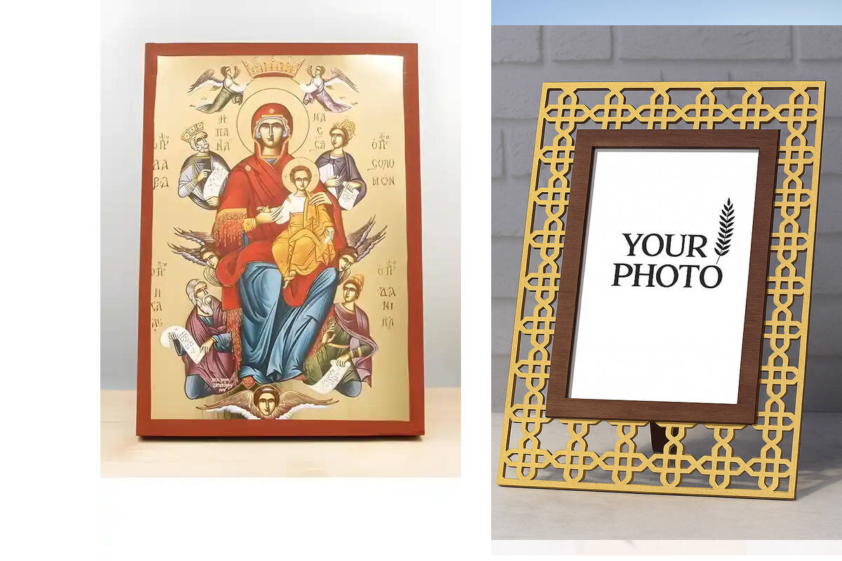 Εικόνα Ορθοδοξίας Πολυτελείας  με  σχεδιο Σταυρούς μαζι με  Βάση σε  8 χρώματα με περίγραμμα χρυσό σε ξύλο Plywood (Πλακάζ)   με  βάση Παναγία Ένθρονη Βασίλισσα του Σύμπαντος «Παντάνασα» με τον Ιησού, Ξύλινη Χειροποίητη Εικόνα με Φύλλο Χρυσού Ελληνικού Βυζαντινού Στυλ Χειροποίητη Ελληνορθόδοξη εικόνα του Ιησού Χριστού, Κρεμαστή πλάκα βυζαντινής τέχνης, χριστιανική τέχνη Διάσταση 10x7 cm (3,9 x 2,8 ίντσες)  INTRAEK3kadro3211-11004