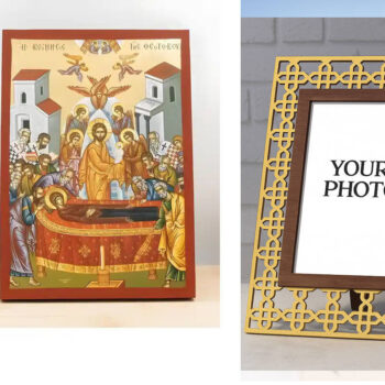 Εικόνα Ορθοδοξίας Πολυτελείας με σχεδιο Σταυρούς μαζι με Βάση σε 8 χρώματα με περίγραμμα χρυσό σε ξύλο Plywood (Πλακάζ) με βάση Η Κοίμηση της Θεοτόκου με τον Ιησού, Ξύλινη Χειροποίητη Εικόνα με Ψηφιακή Εκτύπωση Ελληνικό Premium Βυζαντινού Στυλ Κρεμαστό τοίχου Θρησκευτικό Θέμα Χειροποίητη Ελληνορθόδοξη εικόνα του Ιησού Χριστού, Κρεμαστή πλάκα βυζαντινής τέχνης, χριστιανική τέχνη Διάσταση 10x7 cm (3,9 x 2,8 ίντσες) INTRAEK3kadro3211-11003 - Image 1