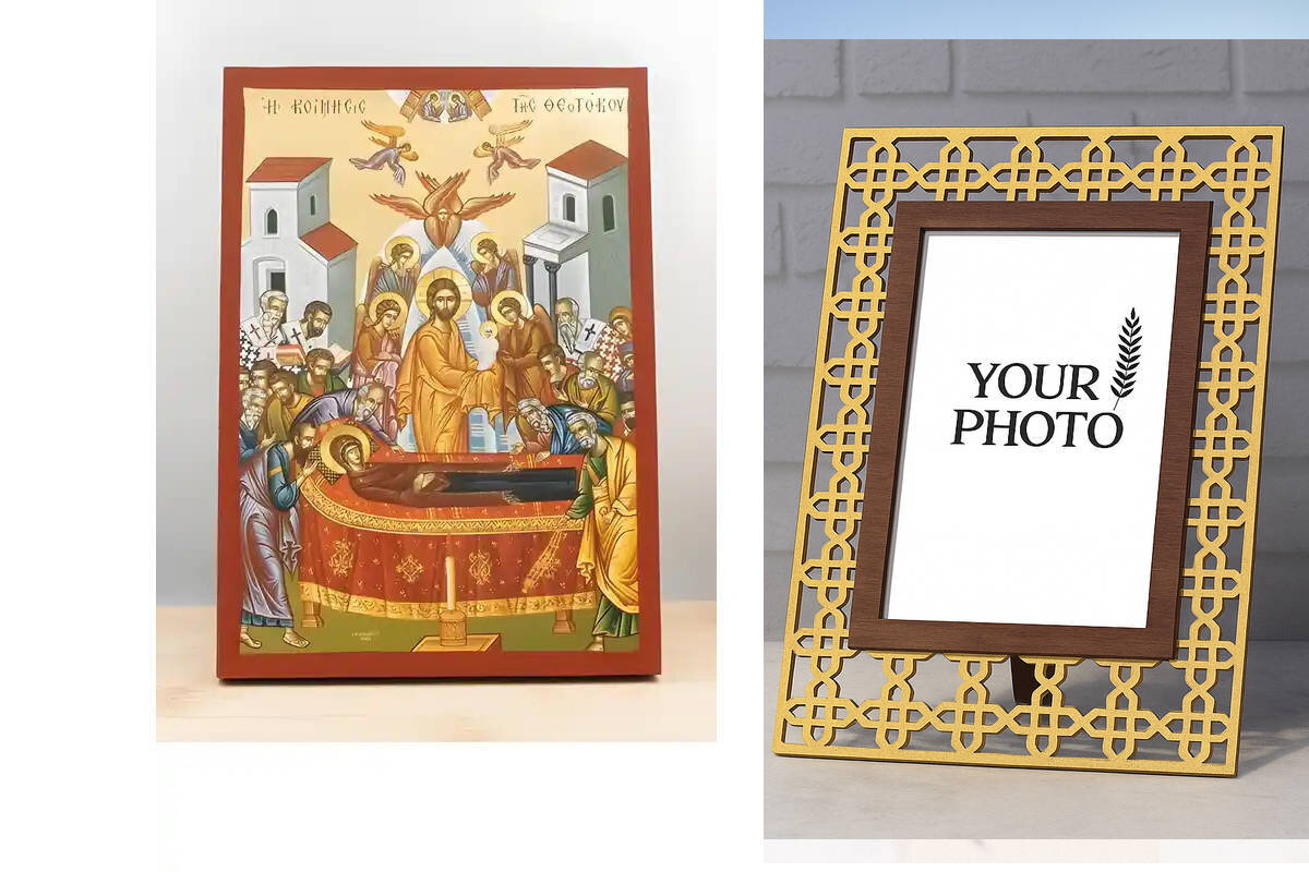 Εικόνα Ορθοδοξίας Πολυτελείας  με  σχεδιο Σταυρούς μαζι με  Βάση σε  8 χρώματα με περίγραμμα χρυσό σε ξύλο Plywood (Πλακάζ)   με  βάση Η Κοίμηση της Θεοτόκου με τον Ιησού, Ξύλινη Χειροποίητη Εικόνα με Ψηφιακή Εκτύπωση Ελληνικό Premium Βυζαντινού Στυλ Κρεμαστό τοίχου Θρησκευτικό Θέμα Χειροποίητη Ελληνορθόδοξη εικόνα του Ιησού Χριστού, Κρεμαστή πλάκα βυζαντινής τέχνης, χριστιανική τέχνη Διάσταση 10x7 cm (3,9 x 2,8 ίντσες)  INTRAEK3kadro3211-11003