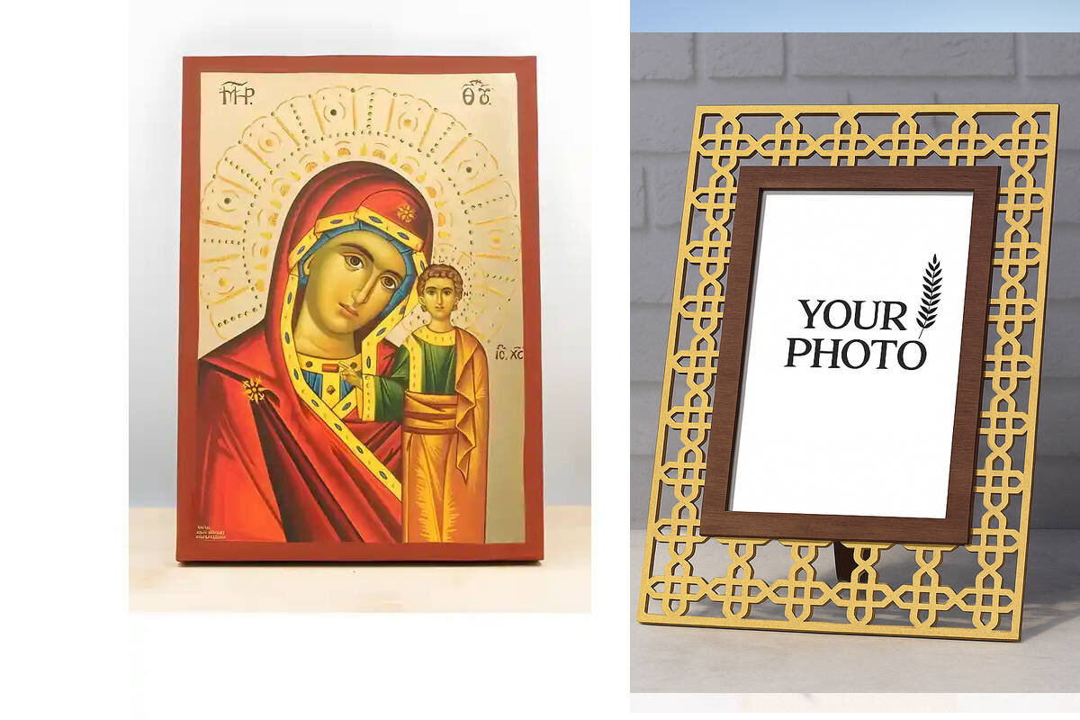 Εικόνα Ορθοδοξίας Πολυτελείας  με  σχεδιο Σταυρούς μαζι με  Βάση σε  8 χρώματα με περίγραμμα χρυσό σε ξύλο Plywood (Πλακάζ)   με  βάση Παναγία του Καζάν με τον Ιησού, Ξύλινη Χειροποίητη Εικόνα με Φύλλο Χρυσού Ελληνικού Premium Βυζαντινού Στυλ Κρεμαστό στον τοίχο Θρησκευτικό θέμα Χειροποίητη Ελληνορθόδοξη εικόνα του Ιησού Χριστού, Κρεμαστή πλάκα βυζαντινής τέχνης, χριστιανική τέχνη Διάσταση 10x7 cm (3,9 x 2,8 ίντσες)  INTRAEK3kadro3211-11002