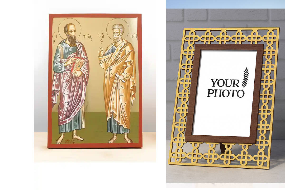 Εικόνα Ορθοδοξίας Πολυτελείας  με  σχεδιο Σταυρούς μαζι με  Βάση σε  8 χρώματα με περίγραμμα χρυσό σε ξύλο Plywood (Πλακάζ)   με  βάση Άγιοι Απόστολοι Παύλος και Πέτρος, Ξύλινη Χειροποίητη Εικόνα με Ψηφιακή Εκτύπωση Ελληνικό Premium Βυζαντινού Στυλ Κρεμαστό στον τοίχο Θρησκευτικό Θέμα Χειροποίητη Ελληνορθόδοξη εικόνα του Ιησού Χριστού, Κρεμαστή πλάκα βυζαντινής τέχνης, χριστιανική τέχνη Διάσταση 10x7 cm (3,9 x 2,8 ίντσες)  INTRAEK3kadro3211-11001