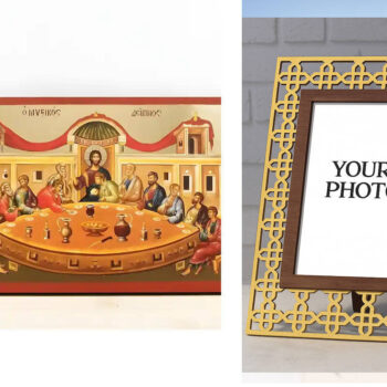 Εικόνα Ορθοδοξίας Πολυτελείας  με  σχεδιο Σταυρούς μαζι με  Βάση σε  8 χρώματα με περίγραμμα χρυσό σε ξύλο Plywood (Πλακάζ)   με  βάση Ο Μυστικός Δείπνος, Ιησούς Χριστός με Αποστόλους, Ξύλινη Χειροποίητη Εικόνα με Φύλλο Χρυσού Αλουμινίου Κρεμασμένο σε ξύλινη πλάκα Ελληνικού Βυζαντινού Στυλ Χειροποίητη Ελληνορθόδοξη εικόνα του Ιησού Χριστού, Κρεμαστή πλάκα βυζαντινής τέχνης, χριστιανική τέχνη Διάσταση 15x11 cm (5,9 x 4,3 ίντσες)  INTRAEK3kadro3211-611000 - Image 1