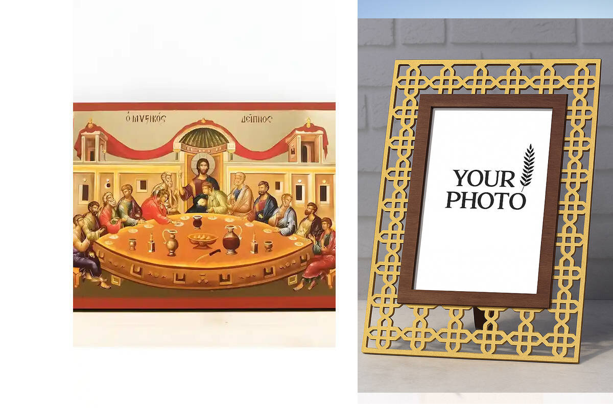 Εικόνα Ορθοδοξίας Πολυτελείας  με  σχεδιο Σταυρούς μαζι με  Βάση σε  8 χρώματα με περίγραμμα χρυσό σε ξύλο Plywood (Πλακάζ)   με  βάση Ο Μυστικός Δείπνος, Ιησούς Χριστός με Αποστόλους, Ξύλινη Χειροποίητη Εικόνα με Φύλλο Χρυσού Αλουμινίου Κρεμασμένο σε ξύλινη πλάκα Ελληνικού Βυζαντινού Στυλ Χειροποίητη Ελληνορθόδοξη εικόνα του Ιησού Χριστού, Κρεμαστή πλάκα βυζαντινής τέχνης, χριστιανική τέχνη Διάσταση 10x7 cm (3,9 x 2,8 ίντσες)  INTRAEK3kadro3211-11000