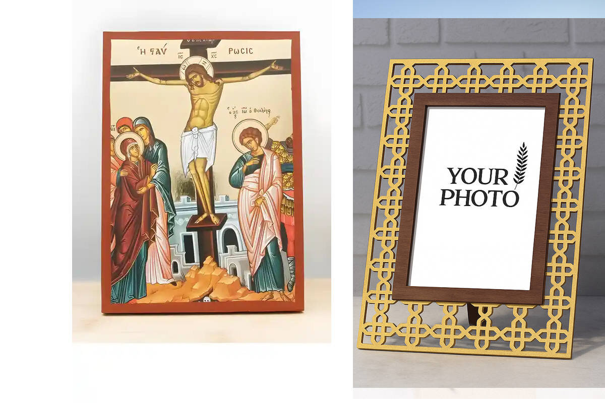 Εικόνα Ορθοδοξίας Πολυτελείας  με  σχεδιο Σταυρούς μαζι με  Βάση σε  8 χρώματα με περίγραμμα χρυσό σε ξύλο Plywood (Πλακάζ)   με  βάση Η Σταύρωση και ο Θάνατος του Ιησού Χριστού, Ξύλινη Χειροποίητη Εικόνα με χρυσό φύλλο Ελληνικού Βυζαντινού Στυλ Κρεμασμένο σε ξύλινη πλάκα Χειροποίητη Ελληνορθόδοξη εικόνα του Ιησού Χριστού, Κρεμαστή πλάκα βυζαντινής τέχνης, χριστιανική τέχνη Διάσταση 10x7 cm (3,9 x 2,8 ίντσες)  INTRAEK3kadro3211-10998