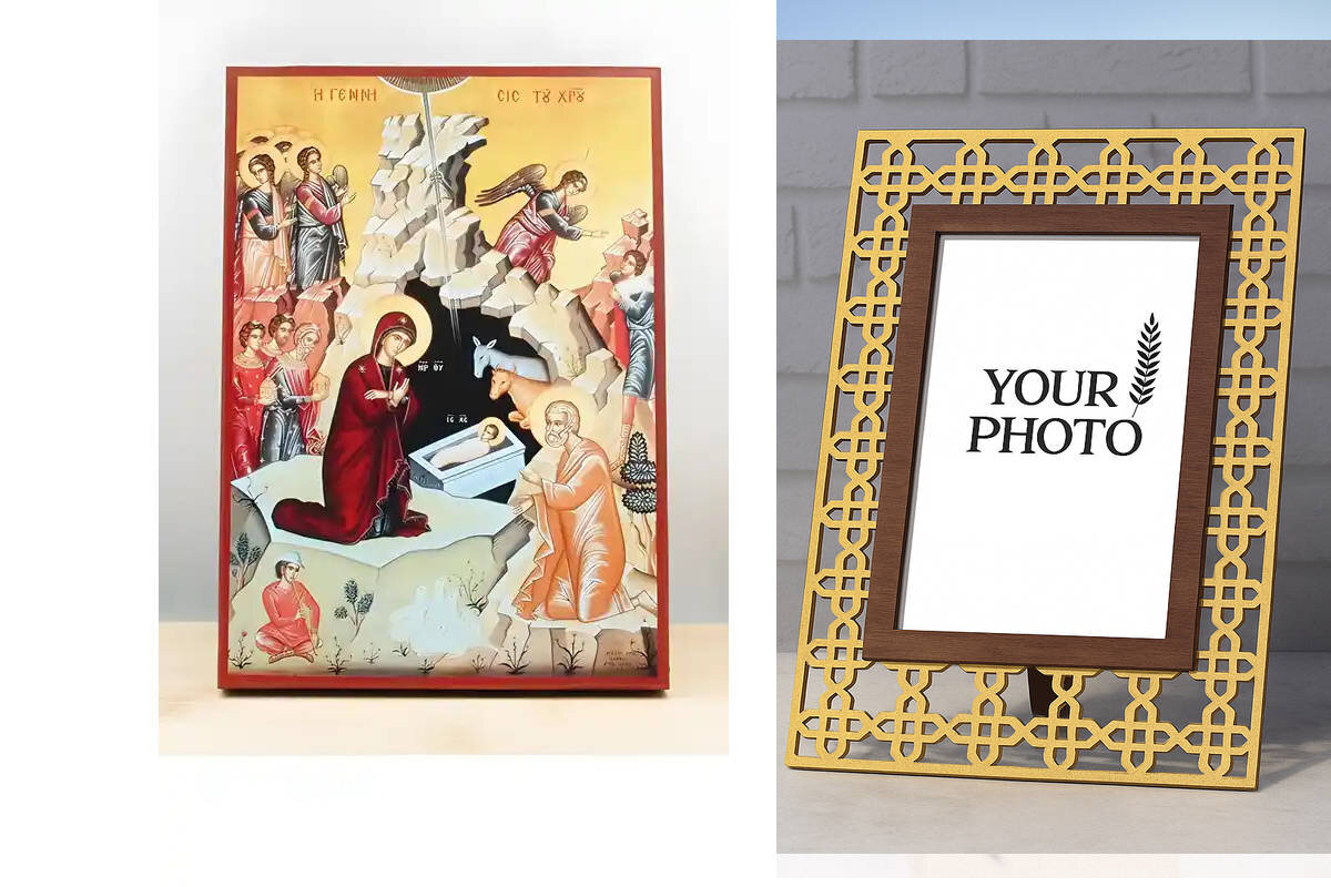 Εικόνα Ορθοδοξίας Πολυτελείας  με  σχεδιο Σταυρούς μαζι με  Βάση σε  8 χρώματα με περίγραμμα χρυσό σε ξύλο Plywood (Πλακάζ)   με  βάση Γένεσις του Ιησού Χριστού, Ξύλινη Χειροποίητη Εικόνα Ελληνικού Premium Βυζαντινού Στυλ Κρεμασμένο σε ξύλινη πλάκα Ορθόδοξο Θρησκευτικό Θέμα Χειροποίητη Ελληνορθόδοξη εικόνα του Ιησού Χριστού, Κρεμαστή πλάκα βυζαντινής τέχνης, χριστιανική τέχνη Διάσταση 10x7 cm (3,9 x 2,8 ίντσες)  INTRAEK3kadro3211-10995