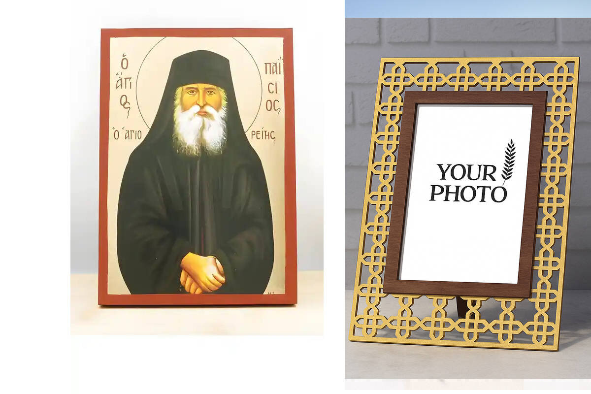 Εικόνα Ορθοδοξίας Πολυτελείας  με  σχεδιο Σταυρούς μαζι με  Βάση σε  8 χρώματα με περίγραμμα χρυσό σε ξύλο Plywood (Πλακάζ)   με  βάση Άγιος Παΐσιος ο Αγιορείτης, Ξύλινη Χειροποίητη Εικόνα με χρυσό φύλλο Ελληνικού Premium Βυζαντινού Στυλ Κρεμαστό τοίχου Θρησκευτικό Θέμα Χειροποίητη Ελληνορθόδοξη εικόνα του Ιησού Χριστού, Κρεμαστή πλάκα βυζαντινής τέχνης, χριστιανική τέχνη Διάσταση 15x11 cm (5,9 x 4,3 ίντσες)  INTRAEK3kadro3211-610990