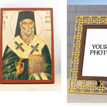 Εικόνα Ορθοδοξίας Πολυτελείας  με  σχεδιο Σταυρούς μαζι με  Βάση σε  8 χρώματα με περίγραμμα χρυσό σε ξύλο Plywood (Πλακάζ)   με  βάση Άγιος Νεκτάριος Αιγίνης Πράσινη, Ξύλινη Χειροποίητη Εικόνα με  ψηφιακή εκτύπωση Ελληνικό Premium Βυζαντινού Στυλ Επιτοίχιο Θρησκευτικό Θέμα Χειροποίητη Ελληνορθόδοξη εικόνα του Ιησού Χριστού, Κρεμαστή πλάκα βυζαντινής τέχνης, χριστιανική τέχνη Διάσταση 10x7 cm (3,9 x 2,8 ίντσες)  INTRAEK3kadro3211-10988 - Image 1