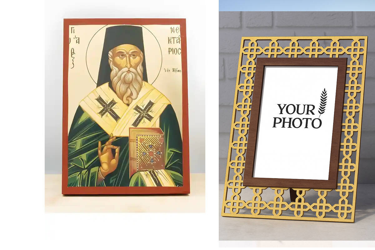 Εικόνα Ορθοδοξίας Πολυτελείας  με  σχεδιο Σταυρούς μαζι με  Βάση σε  8 χρώματα με περίγραμμα χρυσό σε ξύλο Plywood (Πλακάζ)   με  βάση Άγιος Νεκτάριος Αιγίνης Πράσινη, Ξύλινη Χειροποίητη Εικόνα με  ψηφιακή εκτύπωση Ελληνικό Premium Βυζαντινού Στυλ Επιτοίχιο Θρησκευτικό Θέμα Χειροποίητη Ελληνορθόδοξη εικόνα του Ιησού Χριστού, Κρεμαστή πλάκα βυζαντινής τέχνης, χριστιανική τέχνη Διάσταση 15x11 cm (5,9 x 4,3 ίντσες)  INTRAEK3kadro3211-610988