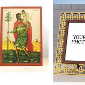 Εικόνα Ορθοδοξίας Πολυτελείας  με  σχεδιο Σταυρούς μαζι με  Βάση σε  8 χρώματα με περίγραμμα χρυσό σε ξύλο Plywood (Πλακάζ)   με  βάση Άγιος Χριστόφορος με τον Ιησού Χριστό, Ξύλινη Χειροποίητη Εικόνα με Χρυσό Φύλλο Ελληνικό Premium Βυζαντινού Στυλ Κρεμαστό τοίχου Θρησκευτικό Θέμα Χειροποίητη Ελληνορθόδοξη εικόνα του Ιησού Χριστού, Κρεμαστή πλάκα βυζαντινής τέχνης, χριστιανική τέχνη Διάσταση 10x7 cm (3,9 x 2,8 ίντσες)  INTRAEK3kadro3211-10987 - Image 1