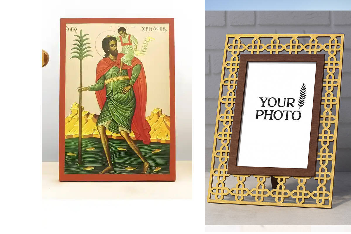 Εικόνα Ορθοδοξίας Πολυτελείας  με  σχεδιο Σταυρούς μαζι με  Βάση σε  8 χρώματα με περίγραμμα χρυσό σε ξύλο Plywood (Πλακάζ)   με  βάση Άγιος Χριστόφορος με τον Ιησού Χριστό, Ξύλινη Χειροποίητη Εικόνα με Χρυσό Φύλλο Ελληνικό Premium Βυζαντινού Στυλ Κρεμαστό τοίχου Θρησκευτικό Θέμα Χειροποίητη Ελληνορθόδοξη εικόνα του Ιησού Χριστού, Κρεμαστή πλάκα βυζαντινής τέχνης, χριστιανική τέχνη Διάσταση 15x11 cm (5,9 x 4,3 ίντσες)  INTRAEK3kadro3211-610987