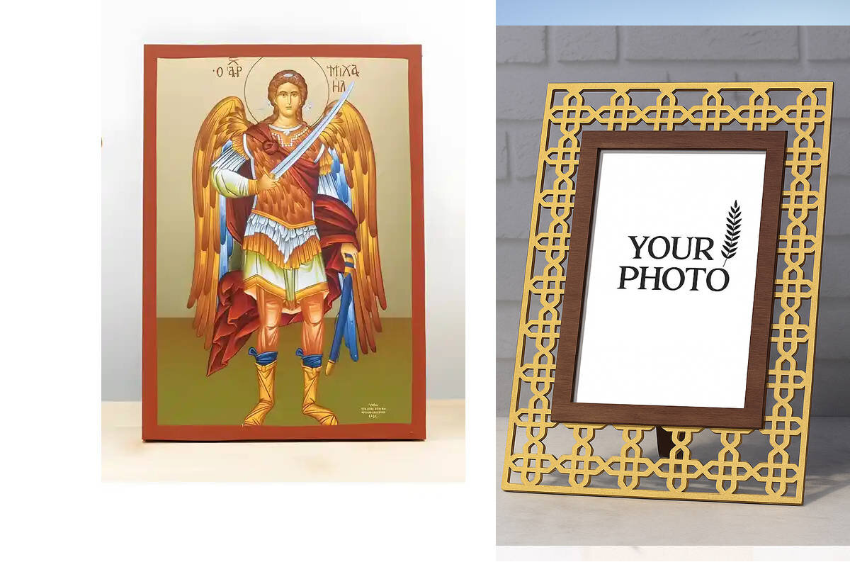 Εικόνα Ορθοδοξίας Πολυτελείας  με  σχεδιο Σταυρούς μαζι με  Βάση σε  8 χρώματα με περίγραμμα χρυσό σε ξύλο Plywood (Πλακάζ)   με  βάση Αρχάγγελος Μιχαήλ Ολόσωμο, Ξύλινη Χειροποίητη Εικόνα με χρυσό φύλλο Ελληνικού Premium Βυζαντινού Στυλ Κρεμασμένο σε ξύλινη πλάκα Χειροποίητη Ελληνορθόδοξη εικόνα του Ιησού Χριστού, Κρεμαστή πλάκα βυζαντινής τέχνης, χριστιανική τέχνη Διάσταση 15x11 cm (5,9 x 4,3 ίντσες)  INTRAEK3kadro3211-610986