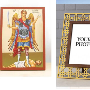 Εικόνα Ορθοδοξίας Πολυτελείας  με  σχεδιο Σταυρούς μαζι με  Βάση σε  8 χρώματα με περίγραμμα χρυσό σε ξύλο Plywood (Πλακάζ)   με  βάση Αρχάγγελος Μιχαήλ Πανορμίτης του Syme Fullbody, Ξύλινη Χειροποίητη Εικόνα με χρυσό φύλλο Ελληνικής Βυζαντινής τεχνοτροπίας Κρεμαστή σε ξύλινη πλάκα Χειροποίητη Ελληνορθόδοξη εικόνα του Ιησού Χριστού, Κρεμαστή πλάκα βυζαντινής τέχνης, χριστιανική τέχνη Διάσταση 10x7 cm (3,9 x 2,8 ίντσες)  INTRAEK3kadro3211-10985 - Image 1