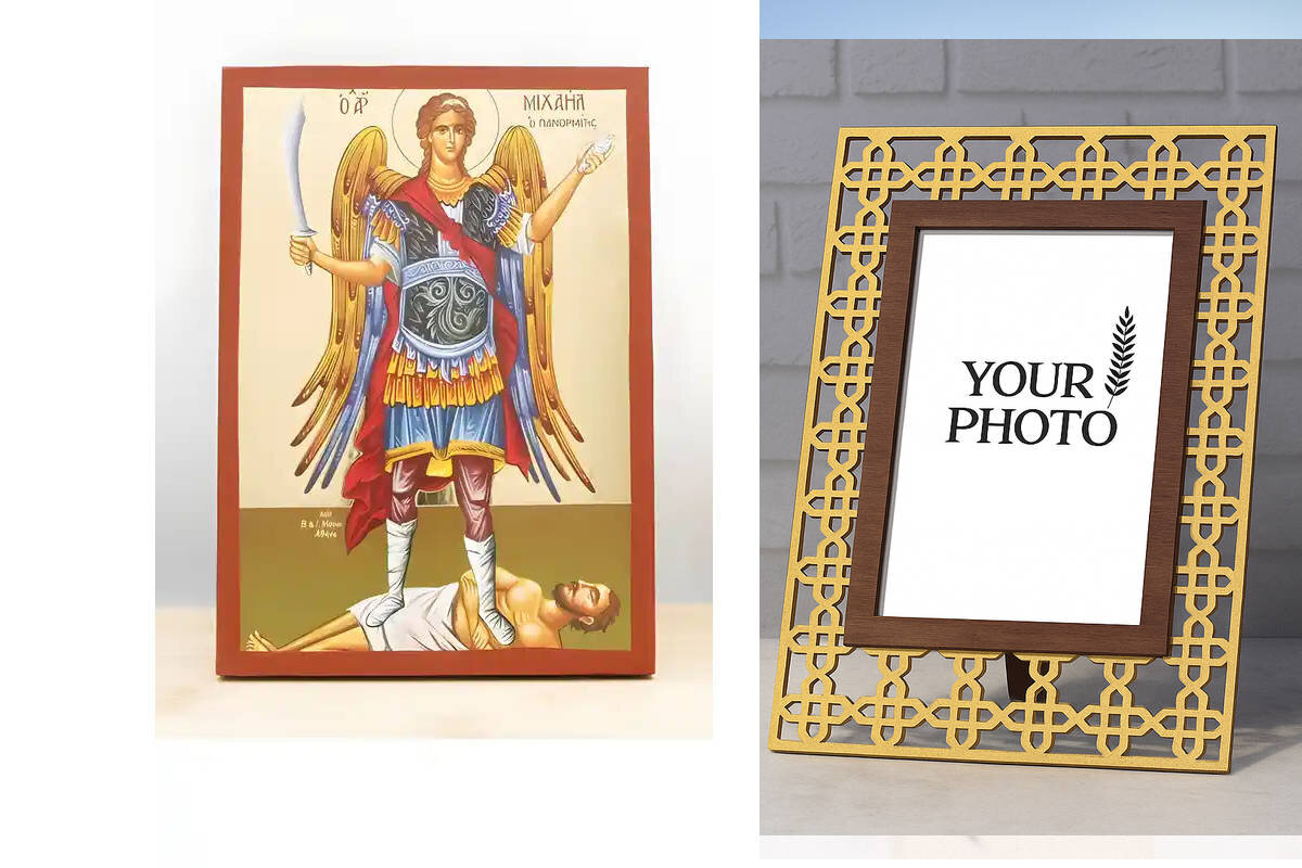 Εικόνα Ορθοδοξίας Πολυτελείας  με  σχεδιο Σταυρούς μαζι με  Βάση σε  8 χρώματα με περίγραμμα χρυσό σε ξύλο Plywood (Πλακάζ)   με  βάση Αρχάγγελος Μιχαήλ Πανορμίτης του Syme Fullbody, Ξύλινη Χειροποίητη Εικόνα με χρυσό φύλλο Ελληνικής Βυζαντινής τεχνοτροπίας Κρεμαστή σε ξύλινη πλάκα Χειροποίητη Ελληνορθόδοξη εικόνα του Ιησού Χριστού, Κρεμαστή πλάκα βυζαντινής τέχνης, χριστιανική τέχνη Διάσταση 10x7 cm (3,9 x 2,8 ίντσες)  INTRAEK3kadro3211-10985