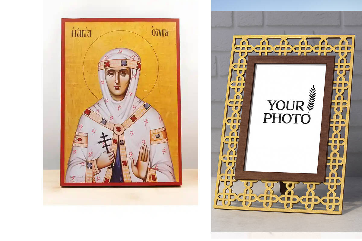 Εικόνα Ορθοδοξίας Πολυτελείας  με  σχεδιο Σταυρούς μαζι με  Βάση σε  8 χρώματα με περίγραμμα χρυσό σε ξύλο Plywood (Πλακάζ)   με  βάση Αγία Όλγα του Κιέβου, Ξύλινη Χειροποίητη Εικόνα Ελληνικού Premium Βυζαντινού Στυλ Κρεμασμένη σε ξύλινη πλάκα Χειροποίητη Ελληνορθόδοξη εικόνα του Ιησού Χριστού, Κρεμαστή πλάκα βυζαντινής τέχνης, χριστιανική τέχνη Διάσταση 15x11 cm (5,9 x 4,3 ίντσες)  INTRAEK3kadro3211-610983