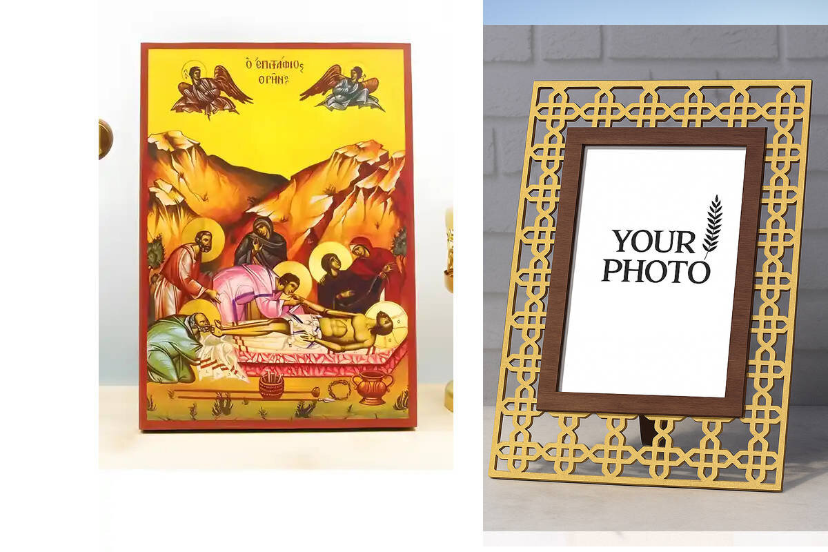 Εικόνα Ορθοδοξίας Πολυτελείας  με  σχεδιο Σταυρούς μαζι με  Βάση σε  8 χρώματα με περίγραμμα χρυσό σε ξύλο Plywood (Πλακάζ)   με  βάση Ιησούς Χριστός Θρενωδία στον τάφο "Επιτάφιος Θρήνος", Ξύλινη Χειροποίητη Εικόνα Ελληνικού Βυζαντινού Στυλ Κρεμαστή σε ξύλινη πλάκα Χειροποίητη Ελληνορθόδοξη εικόνα του Ιησού Χριστού, Κρεμαστή πλάκα βυζαντινής τέχνης, χριστιανική τέχνη Διάσταση 15x11 cm (5,9 x 4,3 ίντσες)  INTRAEK3kadro3211-610981